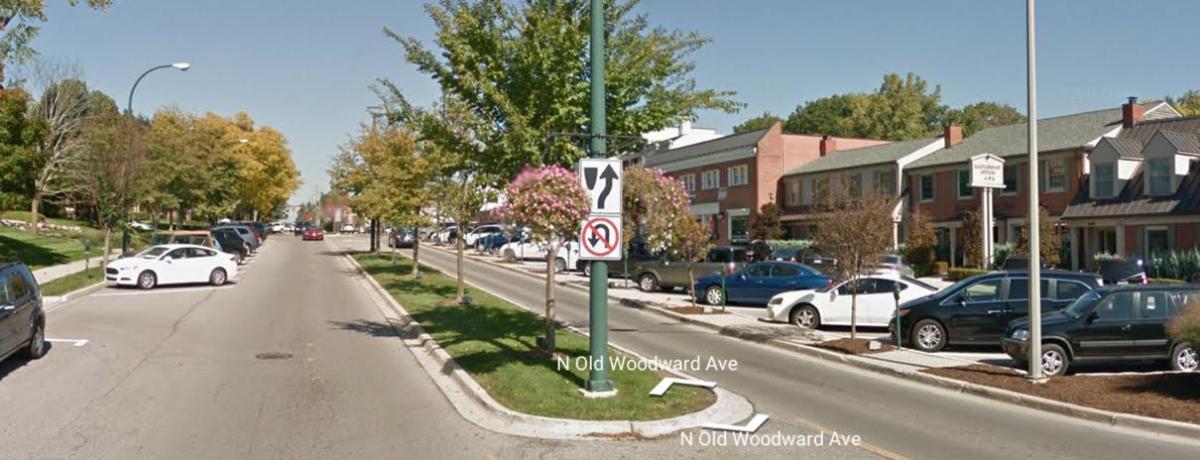 Traffic calming along Old Woodward Avenue included a tree-lined central median and angled parking. 
