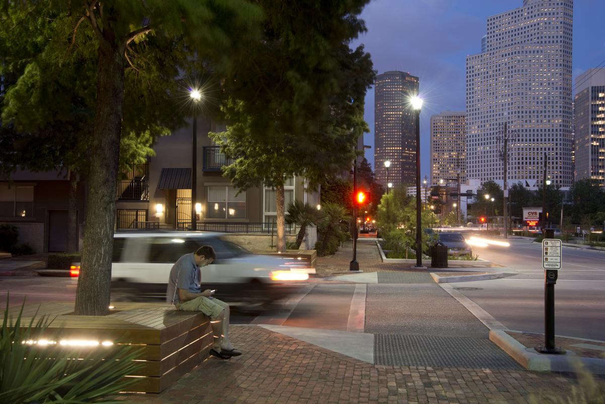 Bagby Street Houston tree crate bench