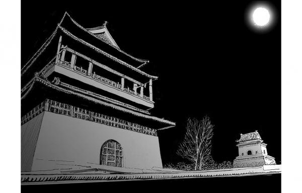 Beijing Bell Tower moonlight