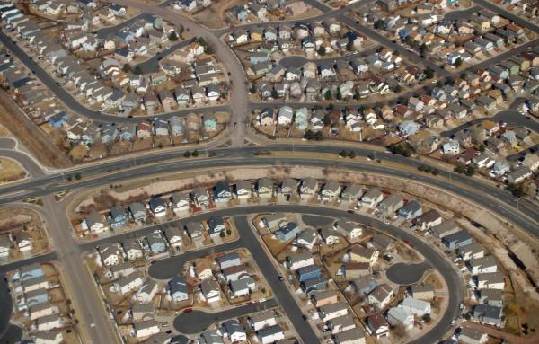 A suburban neighborhood of tract housing within the city of Colorado Springs, Colorado, United States; culs-de-sac are hallmarks of suburban planning.