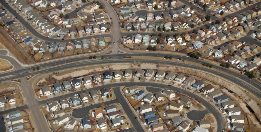 A suburban neighborhood of tract housing within the city of Colorado Springs, Colorado, United States; culs-de-sac are hallmarks of suburban planning.